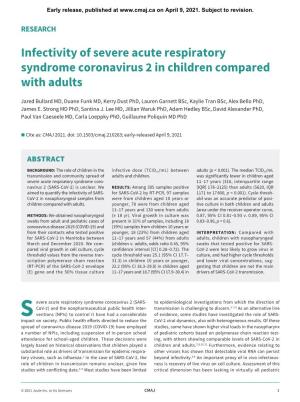 Infectivity of Severe Acute Respiratory Syndrome Coronavirus 2 in Children Compared with Adults