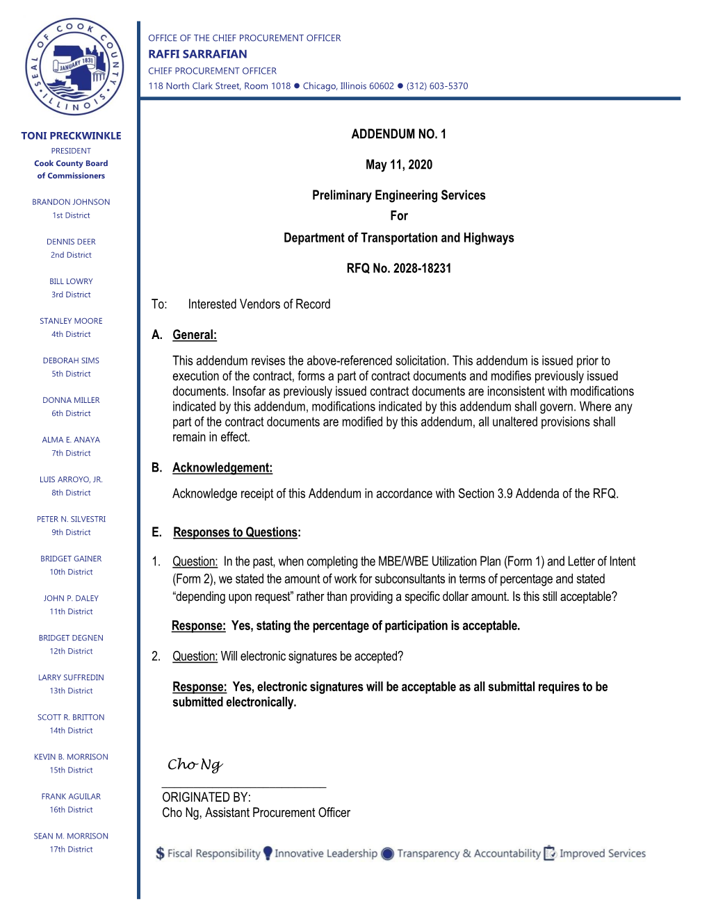 ADDENDUM NO. 1 May 11, 2020 Preliminary Engineering Services