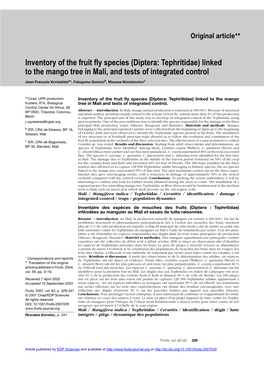 Inventory of the Fruit Fly Species (Diptera: Tephritidae) Linked to the Mango Tree in Mali, and Tests of Integrated Control