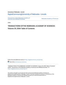 TRANSACTIONS OFTHE NEBRASKA ACADEMY of SCIENCES: Volume 29, 2004 Table of Contents