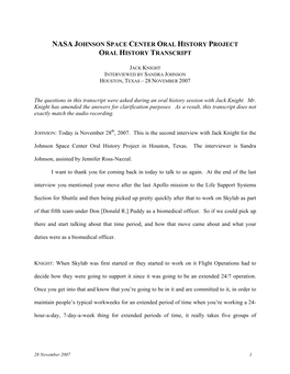 Nasa Johnson Space Center Oral History Project Oral History Transcript