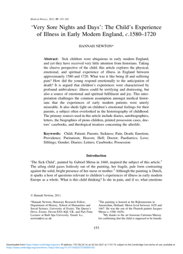 'Very Sore Nights and Days': the Child's Experience of Illness in Early Modern England, C.1580–1720