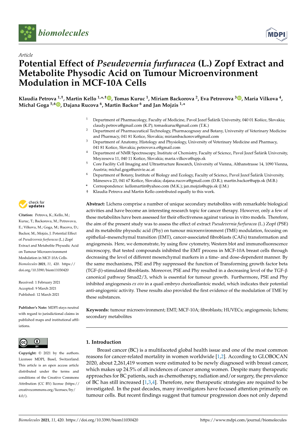 Zopf Extract and Metabolite Physodic Acid on Tumour Microenvironment Modulation in MCF-10A Cells