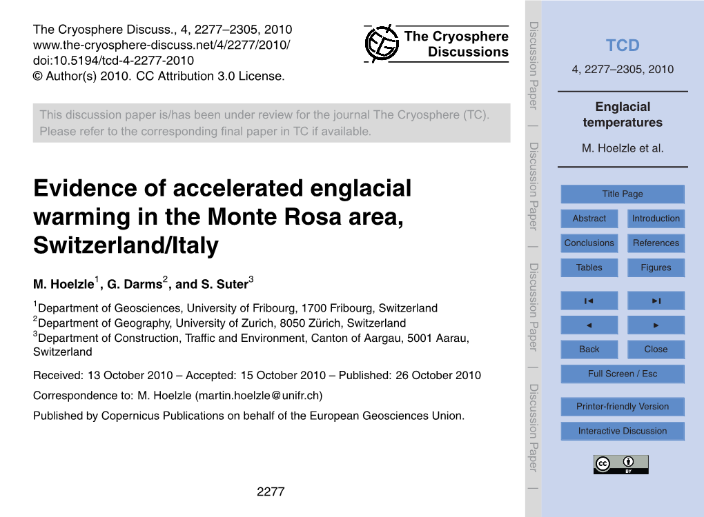 Englacial Temperatures Revealed No Evidence 5 of Warming at the ﬁrn Saddle of Colle Gnifetti at 4452 M A.S.L