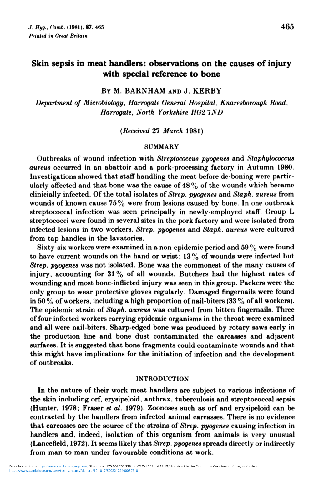 Skin Sepsis in Meat Handlers: Observations on the Causes of Injury with Special Reference to Bone