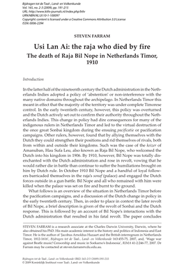 Usi Lan Ai: the Raja Who Died by Fire the Death of Raja Bil Nope in Netherlands Timor, 1910