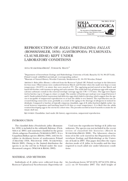 Reproduction of Balea (Pseudalinda) Fallax (Rossmässler, 1836) (Gastropoda: Pulmonata: Clausiliidae) Kept Under Laboratory Conditions