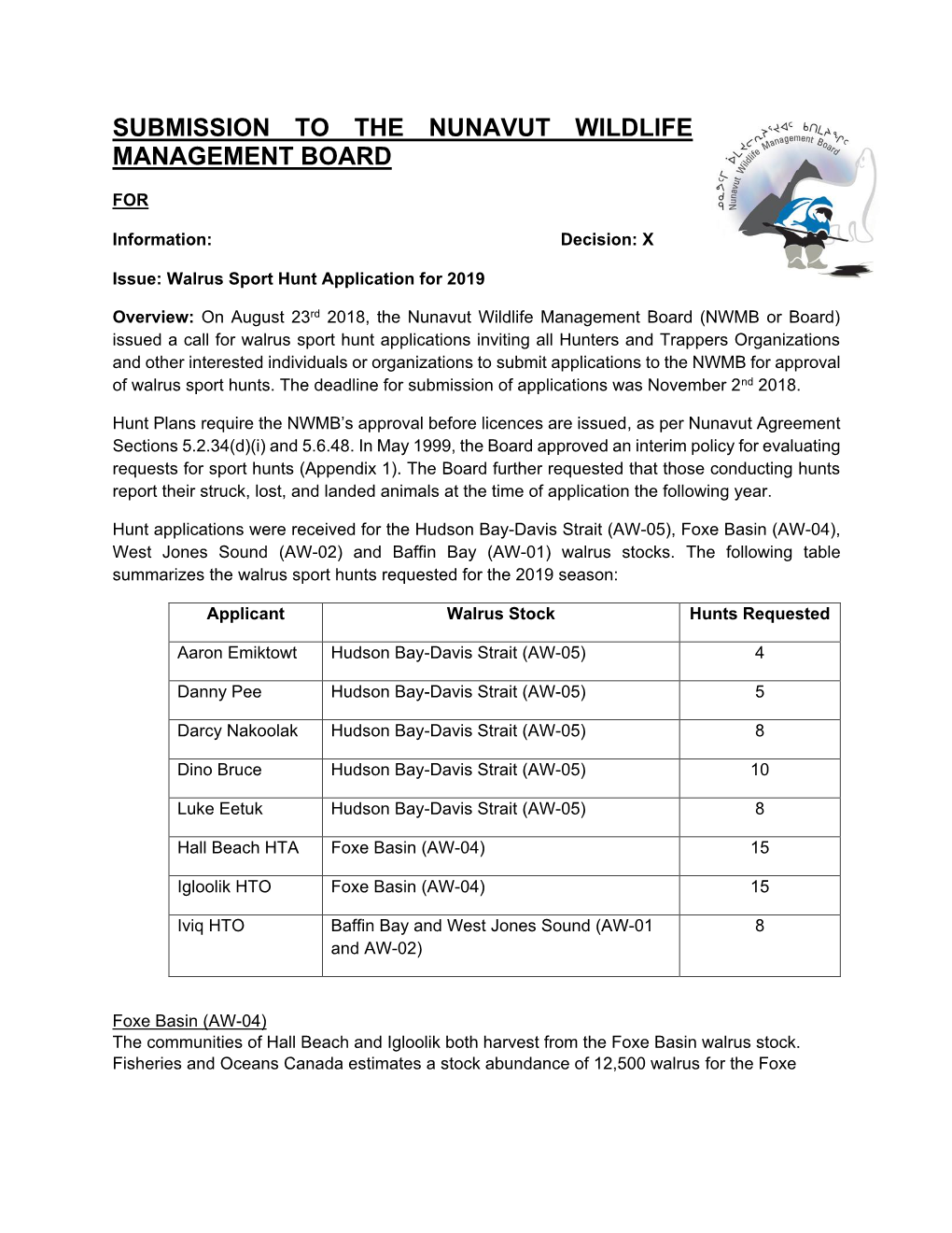 TAB11A NWMB Briefing Note Walrus Sport Hunts 2019 ENG