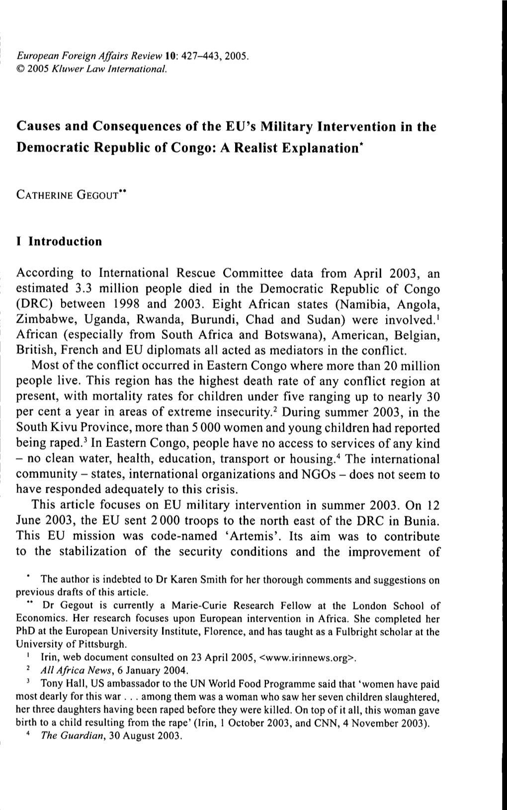 Causes and Consequences of the EU's Military Intervention in the Democratic Republic of Congo: a Realist Explanation*