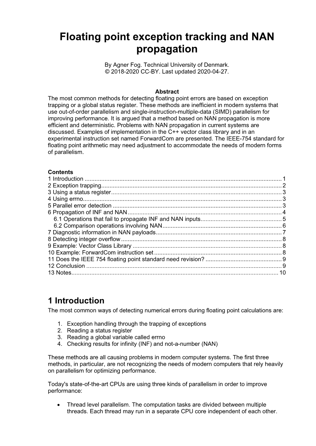 Floating Point Exception Tracking and NAN Propagation