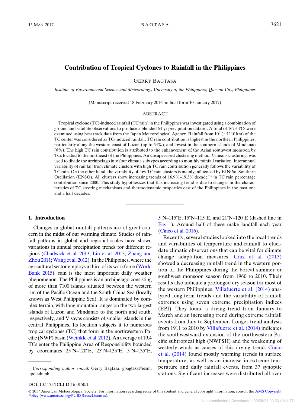 Contribution of Tropical Cyclones to Rainfall in the Philippines