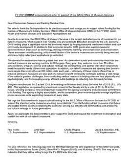 FY 2021 HOUSE Appropriations Letter in Support of the IMLS Office of Museum Services