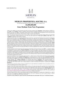 MERLIN PROPERTIES, SOCIMI, S.A. (Incorporated and Registered in Spain Under the Spanish Companies Act) €6,000,000,000 Euro Medium Term Note Programme