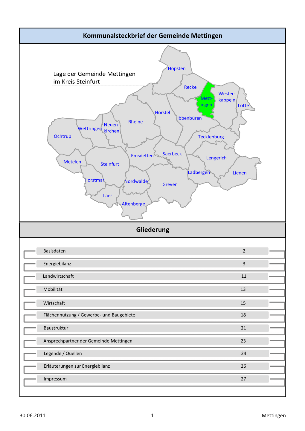 Kommunalsteckbrief Der Gemeinde Mettingen