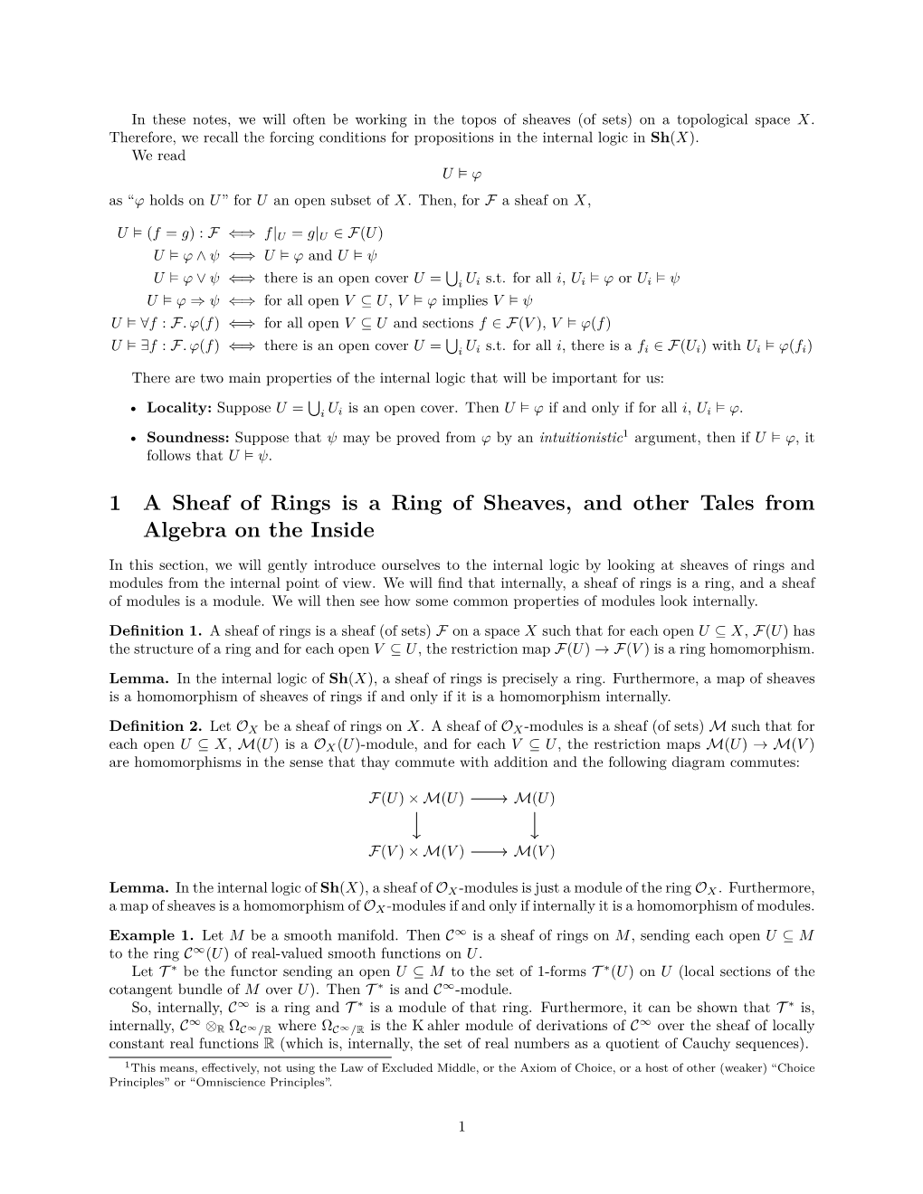 1 a Sheaf of Rings Is a Ring of Sheaves, and Other Tales from Algebra on the Inside