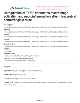 Upregulation of TIPE2 Attenuates Macrophage Activation and Neuroinfammation After Intracerebral Hemorrhage in Mice