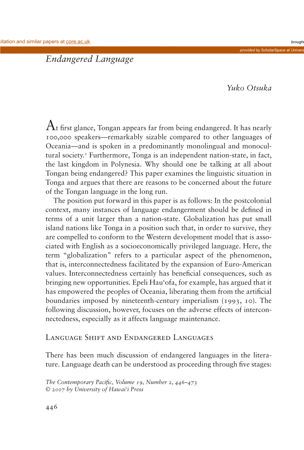 Making a Case for Tongan As an Endangered Language