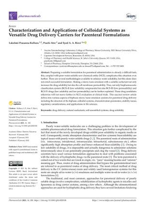 Characterization and Applications of Colloidal Systems As Versatile Drug Delivery Carriers for Parenteral Formulations