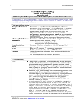 Idarucizumab (PRAXBIND) National Drug Monograph December 2015 VA Pharmacy Benefits Management Services, Medical Advisory Panel, and VISN Pharmacist Executives