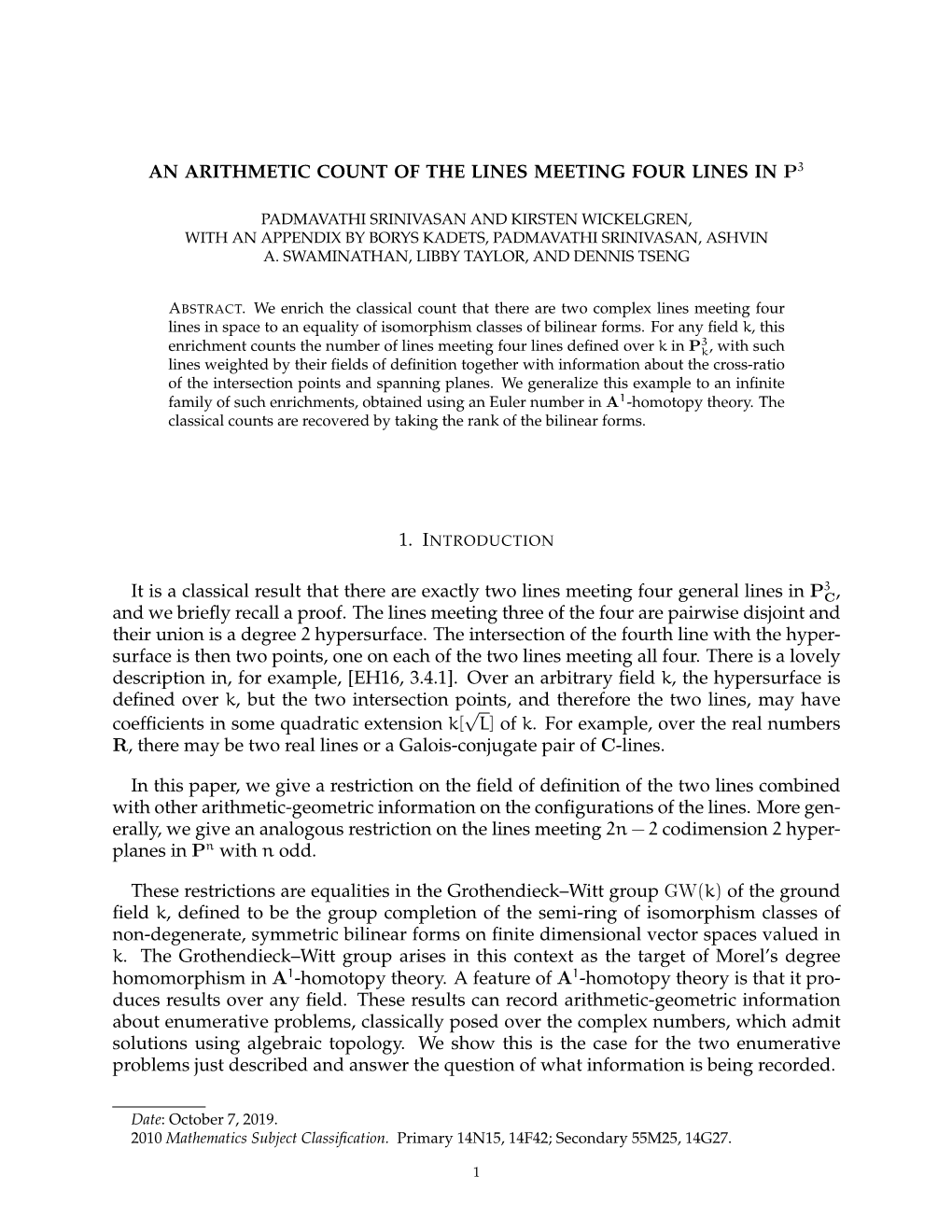 An Arithmetic Count of Lines Meeting Four Lines in P3