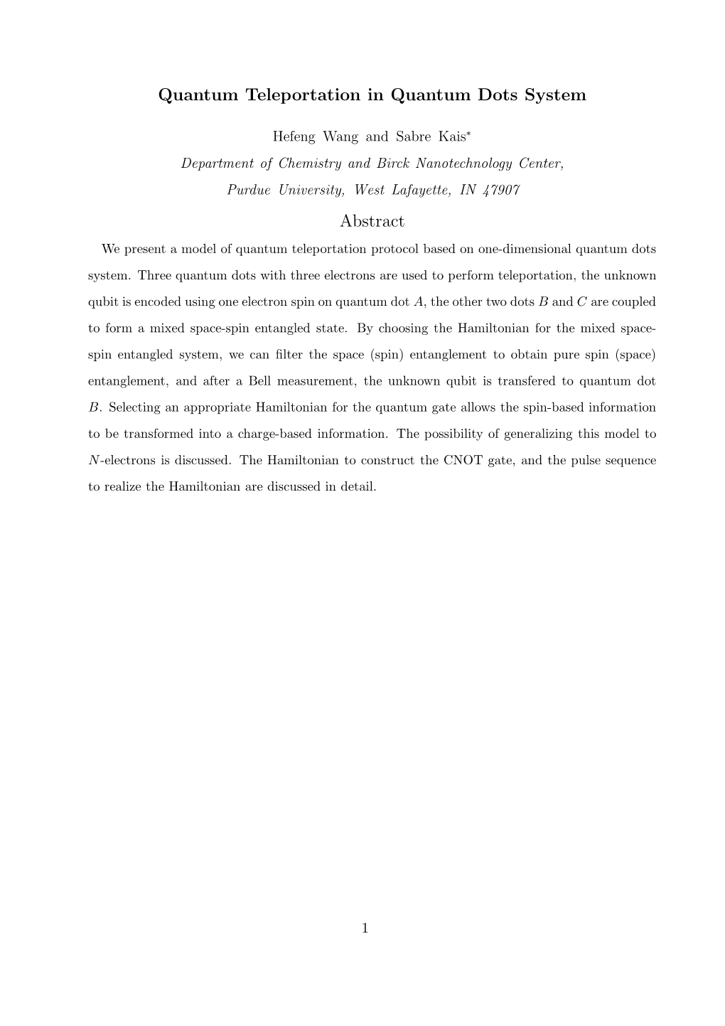 Quantum Teleportation in Quantum Dots System Abstract