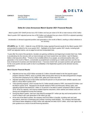 Delta Air Lines March Quarter 2021 Financial Results