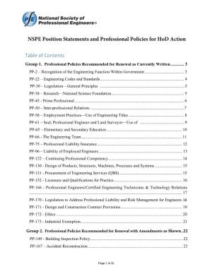 NSPE Position Statements and Professional Policies for Hod Action