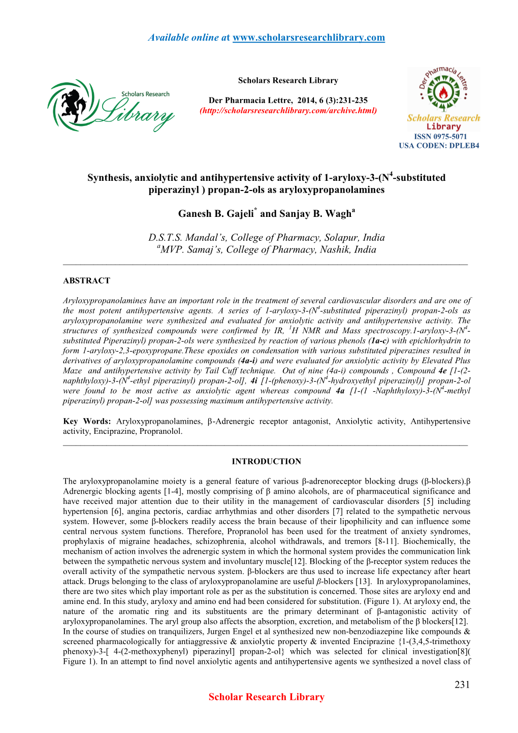 Synthesis, Anxiolytic and Antihypertensive Activity of 1-Aryloxy-3-(N 4-Substituted Piperazinyl ) Propan-2-Ols As Aryloxypropanolamines