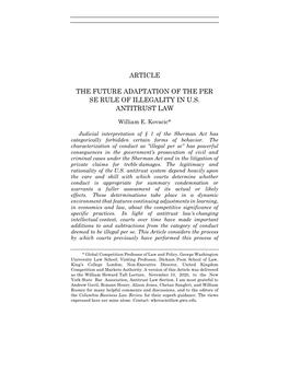 Article the Future Adaptation of the Per Se Rule of Illegality in Us Antitrust