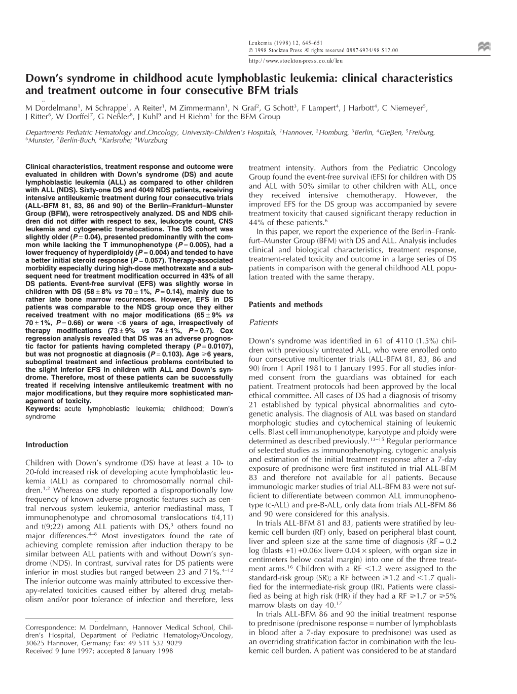 Down's Syndrome in Childhood Acute Lymphoblastic Leukemia