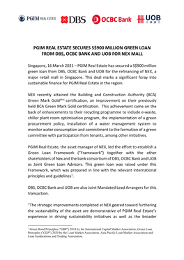 Pgim Real Estate Secures S$900 Million Green Loan from Dbs, Ocbc Bank and Uob for Nex Mall