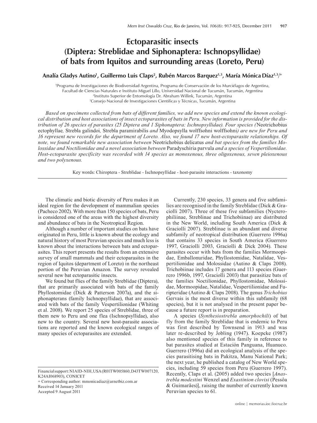 Ectoparasitic Insects (Diptera: Streblidae and Siphonaptera: Ischnopsyllidae) of Bats from Iquitos and Surrounding Areas (Loreto, Peru)