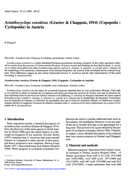 Acanthocyclops Sensitivus \(Graeter \& Chappuis, 1914\) \(Copepoda : Cyclopoida\) in Austria