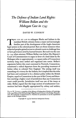 The Defense of Indian Land Rights: William Bollan and the Mohegan Case In