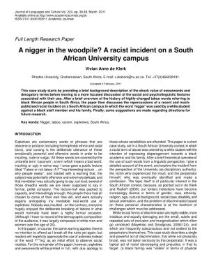 A Nigger in the Woodpile? a Racist Incident on a South African University Campus