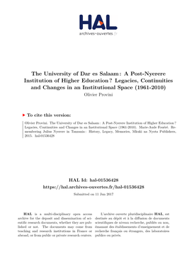 The University of Dar Es Salaam: a Post-Nyerere Institution of Higher