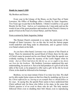 Every Year in the Liturgy of the Hours, on the Feast Day of Saint Lawrence, the Office of Readings Offers a Homily by Saint Augustine