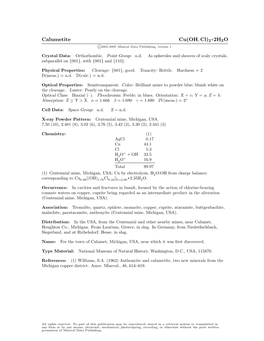 Calumetite Cu(OH, Cl)2 • 2H2O C 2001-2005 Mineral Data Publishing, Version 1