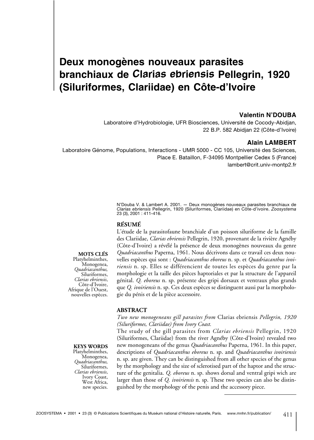 Deux Monogènes Nouveaux Parasites Branchiaux De Clarias Ebriensis Pellegrin, 1920 (Siluriformes, Clariidae) En Côte-D’Ivoire