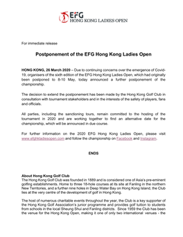 Postponement of the EFG Hong Kong Ladies Open