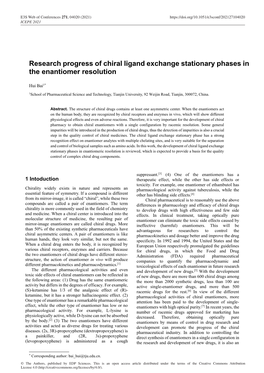 Research Progress of Chiral Ligand Exchange Stationary Phases in the Enantiomer Resolution