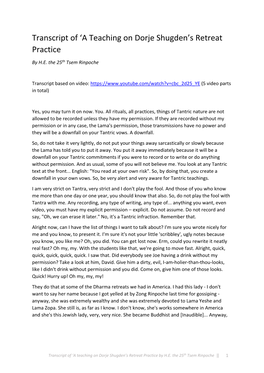 Transcript of ‘A Teaching on Dorje Shugden’S Retreat Practice