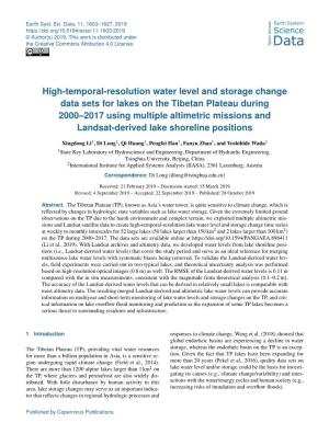 High-Temporal-Resolution Water Level and Storage Change Data Sets for Lakes on the Tibetan Plateau During 2000–2017 Using Mult