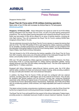 Royal Thai Air Force Joins H135 Military Training Operators New Order of Six H135s Will Increase Its Airbus Fleet to 18 Helicopters #Sgairshow2020