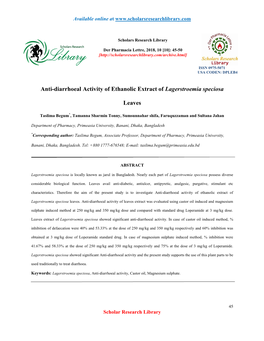 Anti-Diarrhoeal Activity of Ethanolic Extract of Lagerstroemia Speciosa