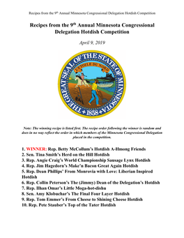 Recipes from the 9Th Annual Minnesota Congressional Delegation Hotdish Competition