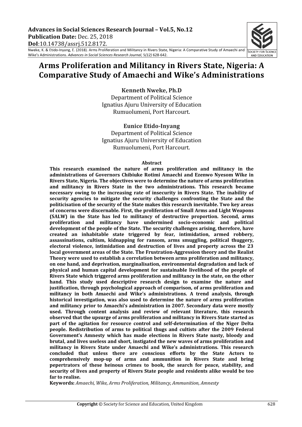 Arms Proliferation and Militancy in Rivers State, Nigeria: a Comparative Study of Amaechi and Wike’S Administrations