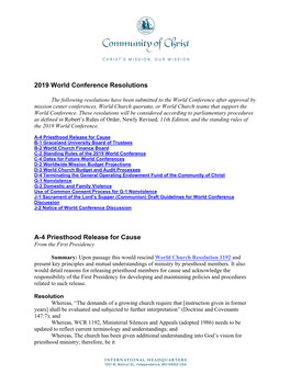 2019 World Conference Resolutions A-4 Priesthood Release for Cause