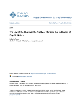 The Law of the Church in the Nullity of Marriage Due to Causes of Psychic Nature