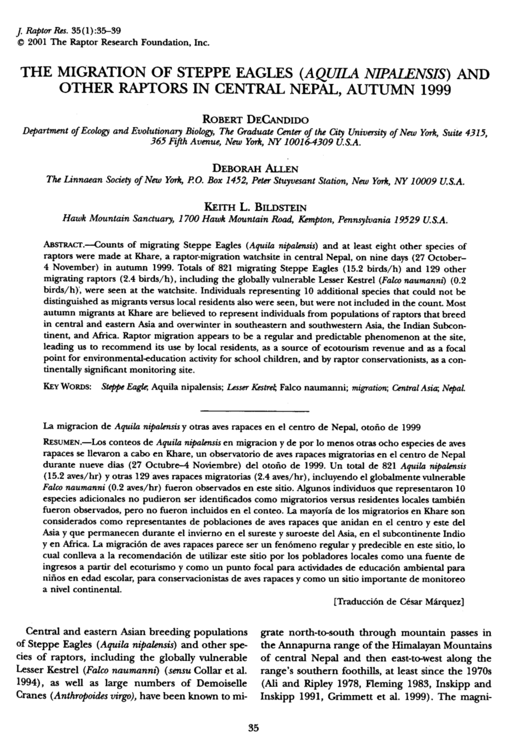 The Migration of Steppe Eagles (Aquila Nipalensis) and Other Raptors in Central Nepal, Autumn 1999